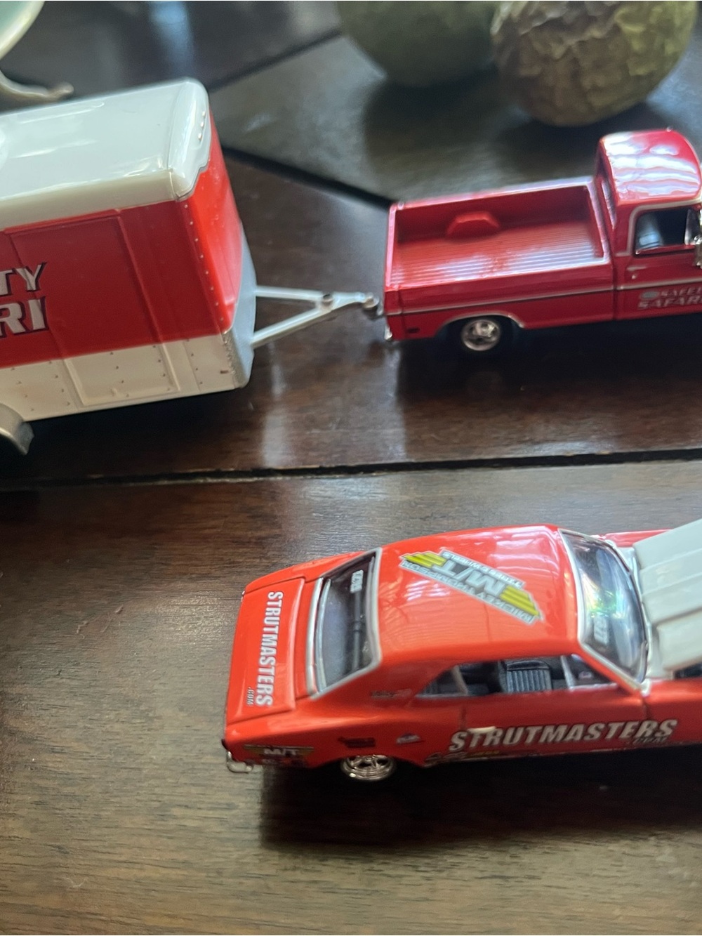Masters Red Die-Cast Muscle Car with Red Pickup and Trailer. NHRA safety safari